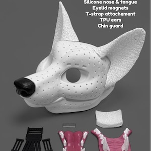 May include: A white animal mask base with a black nose, featuring a perforated texture. The DELUXE KIT includes all parts: silicone nose and tongue, eyelid magnets, T-strap attachment, TPU ears, and chin guard, shown with pink mouth inserts.