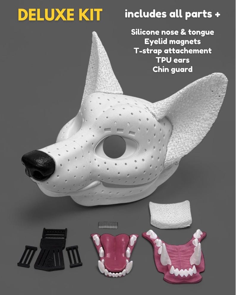 May include: A white animal mask base with a black nose, featuring a perforated texture. The DELUXE KIT includes all parts: silicone nose and tongue, eyelid magnets, T-strap attachment, TPU ears, and chin guard, shown with pink mouth inserts.