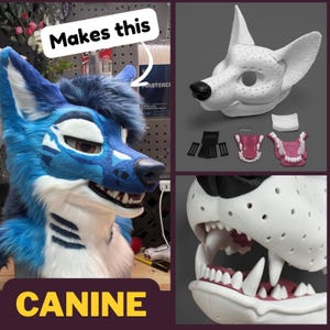 May include: A canine mask kit featuring a white 3D-printed base with ventilation holes, a black nose, and pink jaw inserts with white teeth. The image shows the assembly process, resulting in a finished blue and white faux fur animal head.