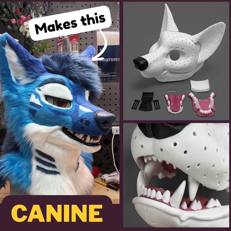 May include: A canine mask kit featuring a white 3D-printed base with ventilation holes, a black nose, and pink jaw inserts with white teeth. The image shows the assembly process, resulting in a finished blue and white faux fur animal head.