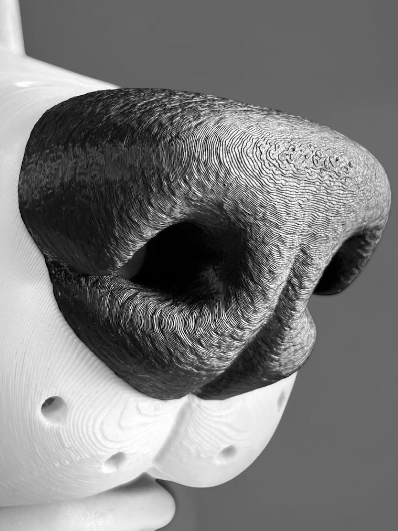 May include: A 3D printed sculpture of an animal nose featuring a textured black surface with visible horizontal layer lines and a smooth white muzzle area with small circular indentations on either side of the central vertical groove.