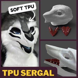 May include: A Sergal mask base made of soft TPU, featuring a white textured head structure with separate red gum and white tooth components. The finished mask displays black, white, and grey fur with blue eyes and the text SOFT TPU and TPU SERGAL.
