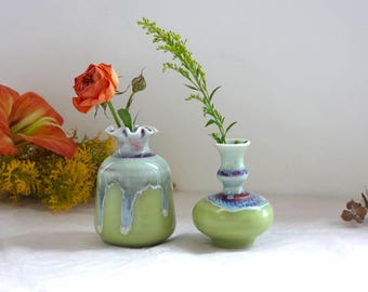 Unique Green Little Ceramic Flower Bud Vase - Gift for Vase Lovers