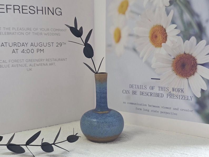 Handmade Ceramic Blue Bud Vase: Memorial Vase, Fireplace Decor Pottery, Small Accent Decor one blue (H)
