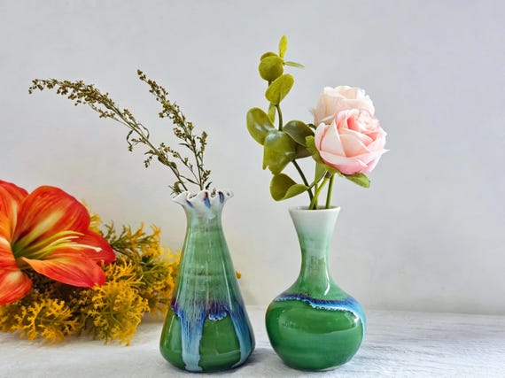 Small Green Ceramic Flower Bud Vase - Garden Decor