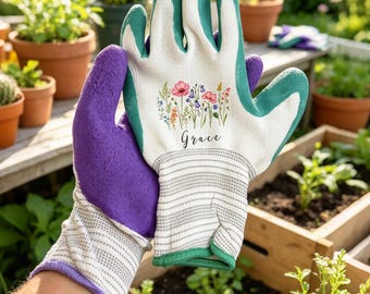 Gants de jardinage fleuris personnalisés pour maman, gants antidérapants personnalisés avec nom pour les passionnées de plantes, cadeau de jardinage sur mesure pour grand-mère