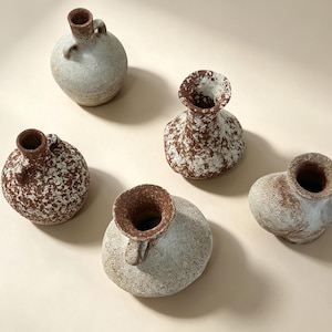 May include: Five small ceramic vases with textured surfaces in shades of brown and off-white. Each vessel features a unique rounded shape, a narrow neck, and a wide opening. The clay finish appears speckled and rustic, with some pieces showing handles.