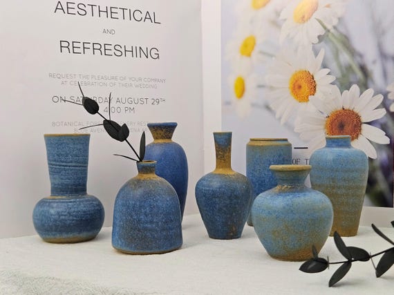 Handmade Ceramic Blue Bud Vase: Memorial Vase, Fireplace Decor Pottery, Small Accent Decor