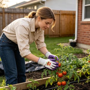 Könnte beinhalten: Ein Paar violett-weiße Gartenhandschuhe mit einer kleinen roten Tomatengrafik auf dem Handrücken, getragen bei der Pflege einer grünen Tomatenpflanze mit mehreren reifen roten Tomaten an einem Strauch in einem hölzernen Hochbeet.