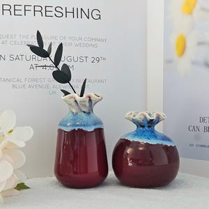 Peut inclure: Deux vases en céramique, un grand et un rond, avec une base bordeaux et un bord bleu. Les vases ont un dessus froncé et contiennent des feuilles noires. Le mot "REFRESHING" est visible en arrière-plan. Le fond contient du texte.