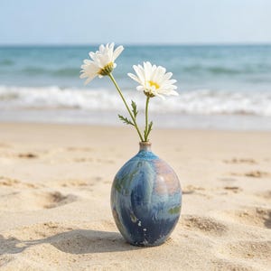 May include: A round ceramic vase with a glossy blue, teal, and brown glaze containing two white daisy flowers with yellow centres. The vase has a narrow neck and a spherical body, resting on a sandy surface with a blurred ocean view in the distance.