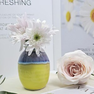 Puede incluir: Un peque&ntilde;o jarr&oacute;n de cer&aacute;mica amarillo y azul con un arreglo de flores blancas y rosas. El jarr&oacute;n tiene una forma redondeada y una superficie texturizada. Las flores est&aacute;n dispuestas en un estilo simple y elegante.