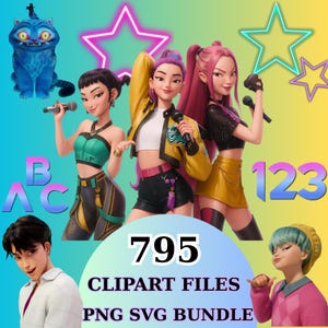 Clipart de Kpop, paquete PNG SVG de Huntrix con alfabeto de Kpop, archivos digitales de clipart de Demon Hunters con Rumi, Mira, Zoey y Saja Boys