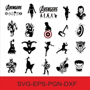 Könnte beinhalten: Schwarz-weiße Silhouettenbilder verschiedener Avengers-Charaktere, darunter Hulk, Iron Man, Captain America, Thor, Black Widow, Hawkeye und Spider-Man. Der Text "Avengers" erscheint oben im Bild, und der Text "SVG-EPS-PGN-DXF" erscheint unten.