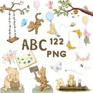 May include: A set of Winnie the Pooh and Tigger themed digital clipart images. The images include Winnie the Pooh and Tigger characters, a swing, a book, a butterfly, a bee, a balloon, a honey pot, a sign that says "Bounce This Way", a frame, and floral arrangements.