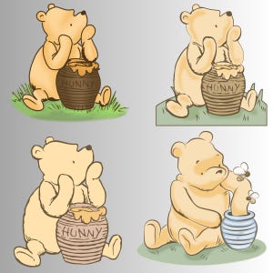 May include: Four illustrations of Winnie the Pooh, a cartoon bear, in different poses.  Each illustration features Winnie the Pooh with a pot of honey.  The text "Hunny" is written on the honey pots.