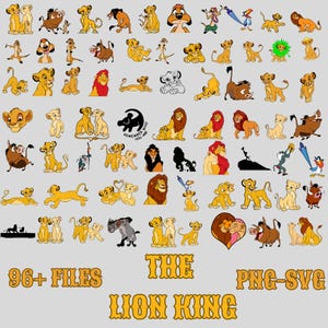 May include: A collection of 96+ digital files featuring various characters from the animated film The Lion King. The files are in PNG and SVG format. The characters include Simba, Nala, Mufasa, Scar, Timon, Pumbaa, and more. The images are colorful and vibrant, perfect for crafting projects, scrapbooking, or digital design.