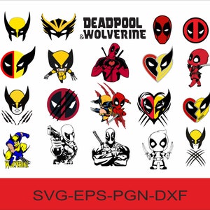 Może przedstawiać: Zestaw 16 plików do cięcia cyfrowego z postaciami Deadpoola i Wolverine'a. Pliki zawierają różne pozy i wzory, takie jak Deadpool z sercem, Wolverine z pazurami i serce z maskami Deadpoola i Wolverine'a. Tekst "DEADPOOL & WOLVERINE" znajduje się w górnej części obrazu. Tekst "SVG-EPS-PGN-DXF" znajduje się w dolnej części obrazu.