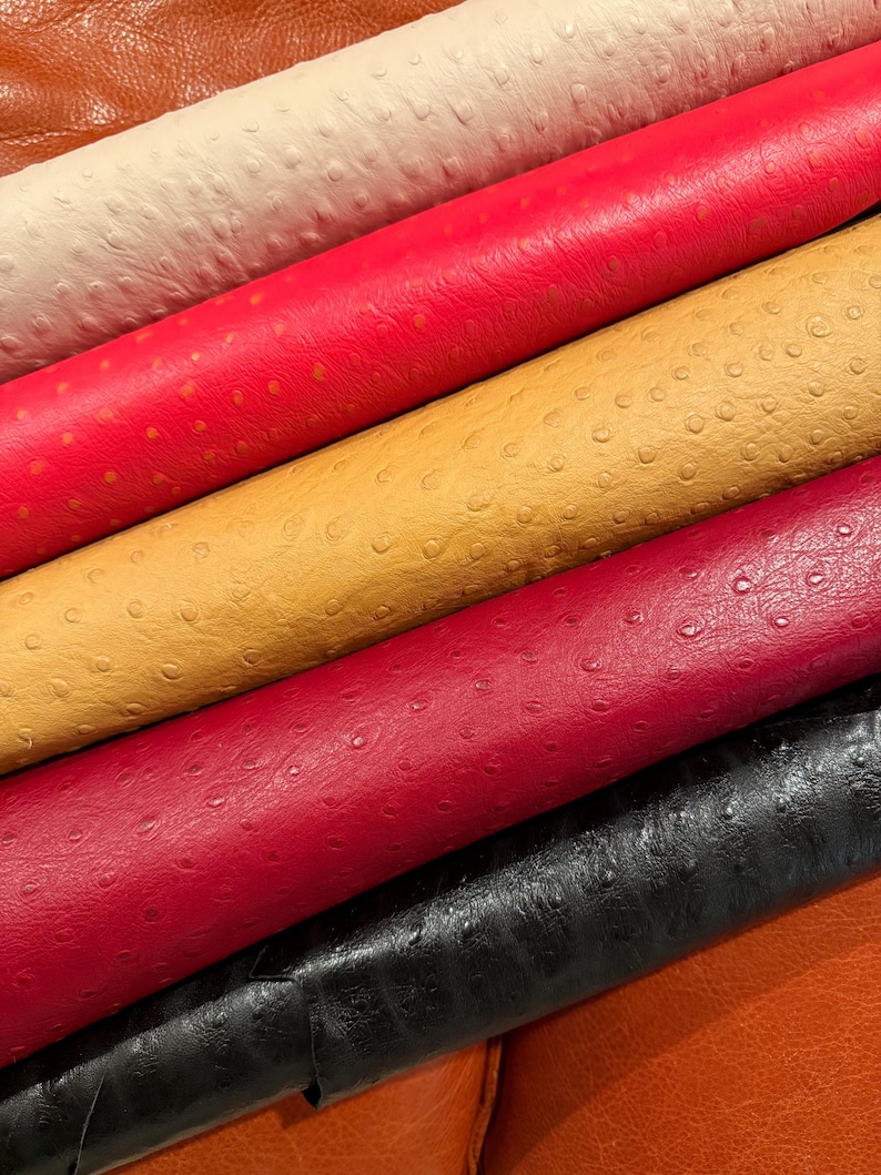 Peut inclure: Gros plan de plusieurs rouleaux de cuir textur&eacute; de diff&eacute;rentes couleurs. Les couleurs incluent cr&egrave;me, rouge, or, bordeaux et noir. Le cuir pr&eacute;sente un motif distinctif de petites bosses en relief.