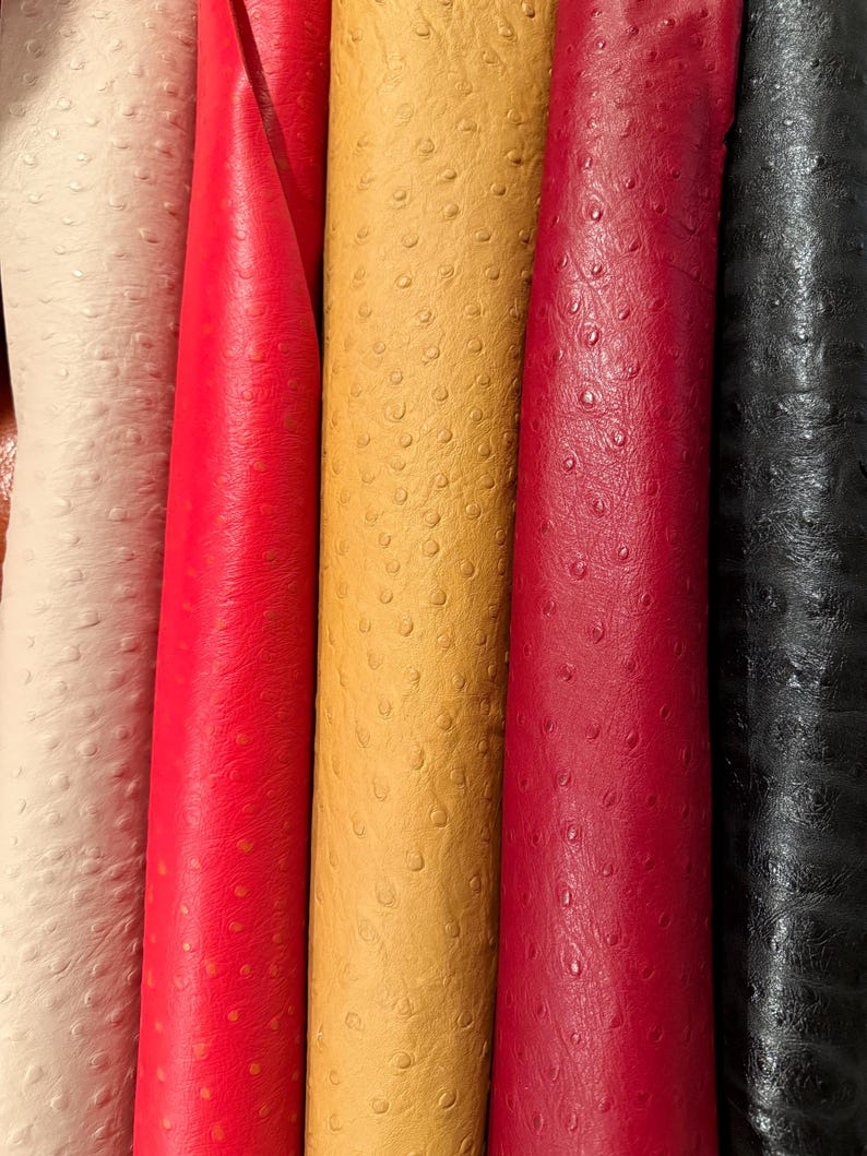 Peut inclure: Gros plan sur plusieurs rouleaux de cuir textur&eacute; de diff&eacute;rentes couleurs. Les couleurs comprennent le cr&egrave;me, le rouge, l'or, le bordeaux et le noir. Le cuir pr&eacute;sente un motif distinctif de petites bosses en relief.