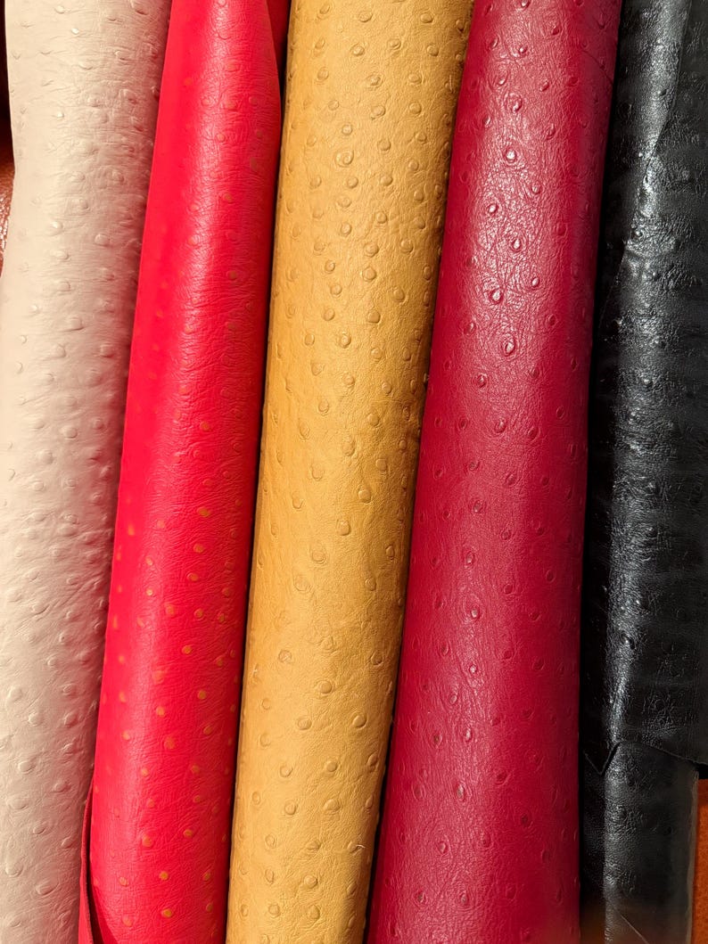 Peut inclure: Gros plan sur des peaux de cuir roul&eacute;es de diff&eacute;rentes couleurs. Les couleurs comprennent le cr&egrave;me, le rouge, l'or, le bordeaux et le noir. Le cuir pr&eacute;sente un motif textur&eacute; et pointill&eacute;.