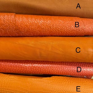 May include: A close-up of various orange and brown leather swatches. The swatches have different textures, including smooth, woven, and embossed patterns. The leather samples are labeled A through E, showcasing a range of shades and finishes.