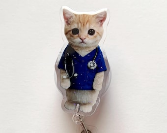 Cute Cat Badge Reel | Retractable ID Holder | Healthcare Gift | Epoxy Acrylic
