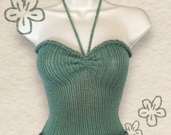 Handmade knit top | green cute design | halter neck for spring | cinched yarn tank top | Summer crochet crop top