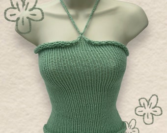 Handmade knit top | green cute design | halter neck for spring | yarn tank top | Summer crochet crop top