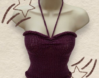 Handmade knit top | Purple cute design | halter neck for spring | cinched yarn tank top | Summer crochet crop top