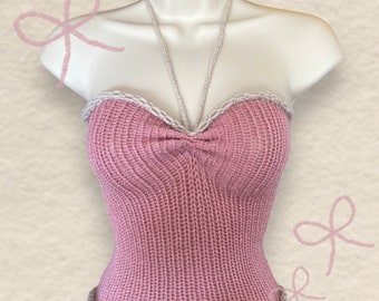 Handmade knit top | Pink cute design | halter neck for spring | cinched yarn tank top | Summer crochet crop top