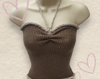 Handmade knit top | brown cute design | halter neck for spring | cinched yarn tank top | Summer crochet crop top