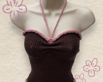 Handmade knit top | brown cute design | halter neck for spring | cinched yarn tank top | Summer crochet crop top