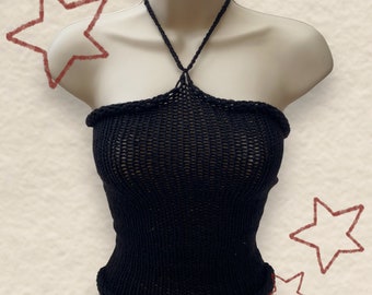 Handmade knit top | black cute design | halter neck for spring | yarn tank top | Summer crochet crop top