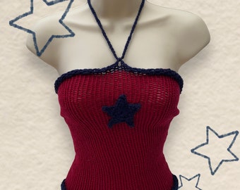 Handmade knit top | red and blue star design | halter neck for spring | yarn tank top | Summer crochet crop top