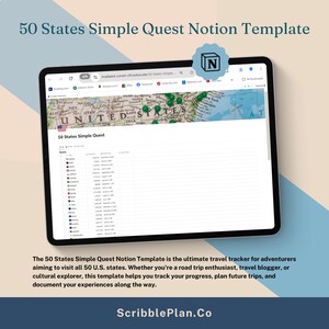 Könnte beinhalten: Ein Tablet zeigt eine Notion-Vorlage mit dem Titel "50 States Simple Quest". Der Bildschirm zeigt eine Karte der Vereinigten Staaten mit Pins und eine Liste der Bundesstaaten. Der Text lautet: "Die 50 States Simple Quest Notion-Vorlage ist der ultimative Reise-Tracker."