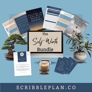 30 Day Self-Worth Booster Journal Bundle: Self Love Worksheet and Affirmation Cards, Personal Growth & Positive Mindset