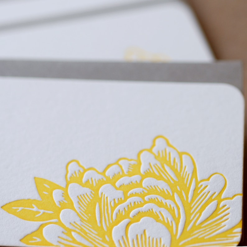 Sunshine Yellow Blossoming Flower Letterpress Mini Notes tiny flat cards w personalized envelope color choice Stationery Gift Notes