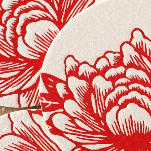 Letterpress Coasters : Scarlet Red Blossoming Flower Coaster Set - 6 coasters in brown kraft gift box