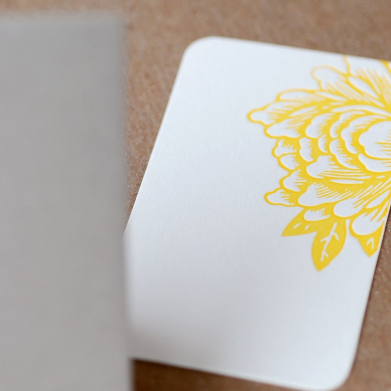 Sunshine Yellow Blossoming Flower Letterpress Mini Notes tiny flat cards w personalized envelope color choice Stationery Gift Notes
