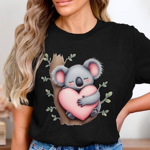 Schattig Koala Knuffelend Hart T-shirt, Schattig Dierenliefhebber Cadeau T-shirt, Valentijnsdag Koala T-shirt, Lief Cartoon Wildlife T-shirt, Knuffel Liefde Natuur T-shirt