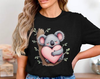 Cute Koala Hugging Heart Shirt, Adorable Animal Lover Gift Tee, Valentine Day Koala Tee, Sweet Cartoon Wildlife Tshirt, Hug Love Nature Tee