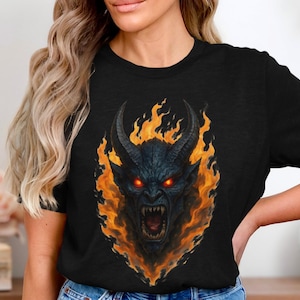 Demon Skull Flame Head Shirt, Gothic Horror Devil Face T Shirt, Dark Fantasy Fire Skull Tee, Scary Monster Demon Shirt, Heavy Metal Design