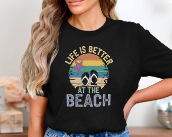 Life Is Better At The Beach T-Shirt, Retro Flip Flops Starfish Graphic Tee, Colorful Summer Coastal Vacation Shirt For Ocean And Sand Lovers