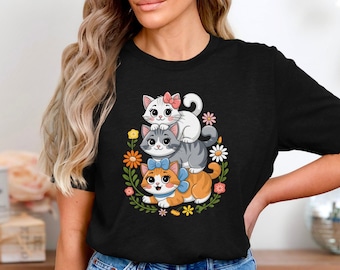 Cute Kawaii Cat Trio With Bows And Flowers Adorable Cartoon Kitten Stack Design Perfect For Cat Lovers Girls Gift T-Shirt
