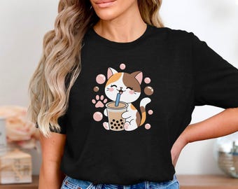 Cute Cat Drinking Boba T-Shirt, Kawaii Bubble Tea Kitty Graphic Tee, Adorable Calico Cat With Tapioca Drink Shirt For Boba And Cat Lovers