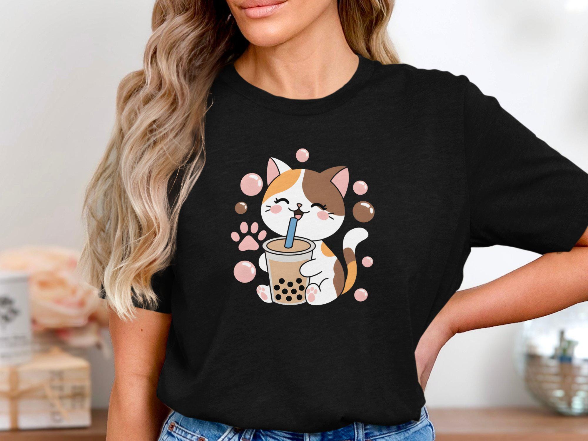 Boba Tea Unicorn Kawaii Neko Japanese Bubble Tea Camiseta estética, Negro