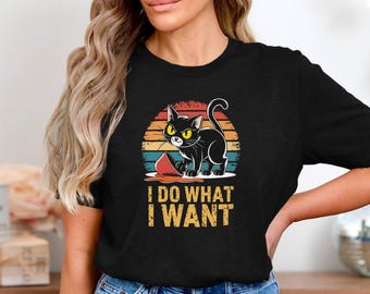 Funny Black Cat I Do What I Want T Shirt, Retro Sarcastic Cat Lover Tee For Women And Men, Spilled Bowl Mischief Kitty Graphic Shirt