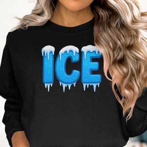 Winter Ice Blue Letter Graphic Black Sweatshirt, Cozy Long Sleeve Pullover, Cool Casual Winter Top, Trendy Winter Wear