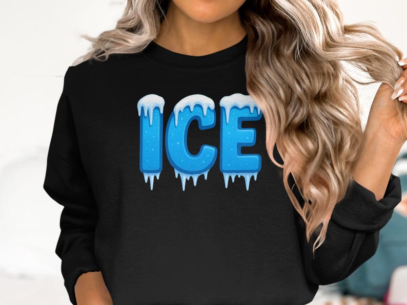 Winter Ice Blue Letter Graphic Black Sweatshirt, Cozy Long Sleeve Pullover, Cool Casual Winter Top, Trendy Winter Wear